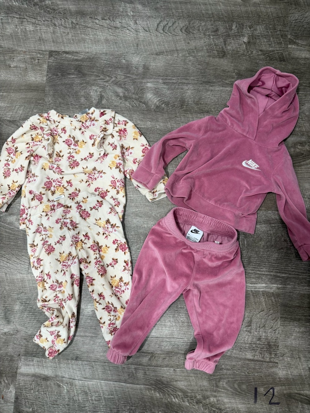 Nike Pink Velour Hoodie and Joggers Set with Floral Cream Romper